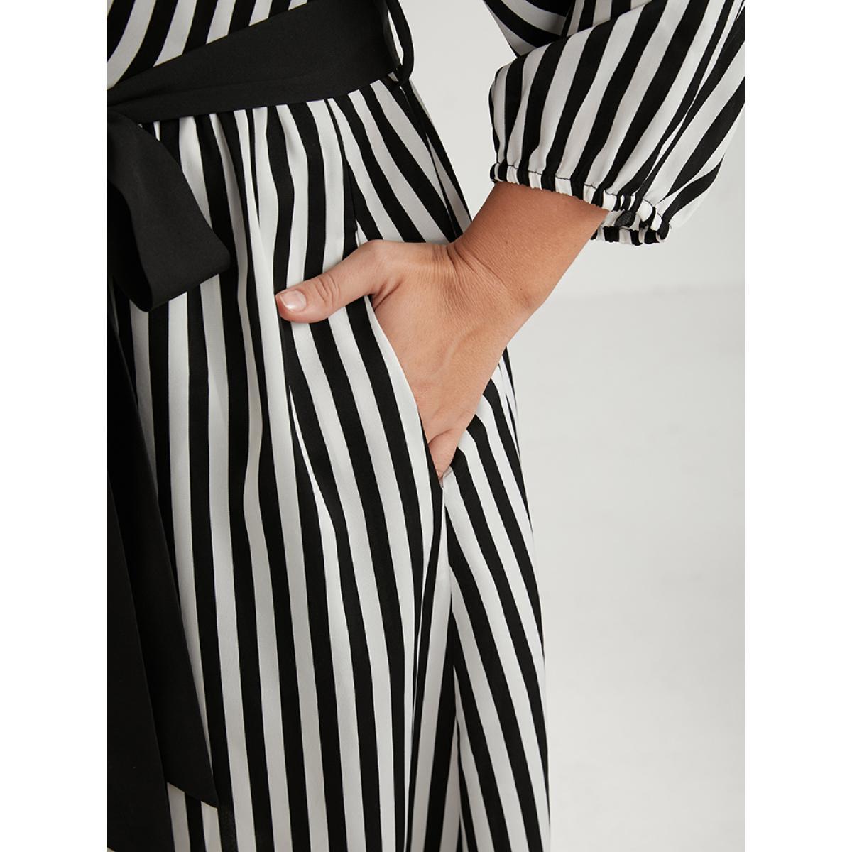 Plus Size Striped Contrast Patchwork Lantern Sleeve Pocket Belted Wrap Dress Black Women Office Belted V-neck Elbow-length sleeve Curvy Midi Dress BloomChic 30/6X Product Image