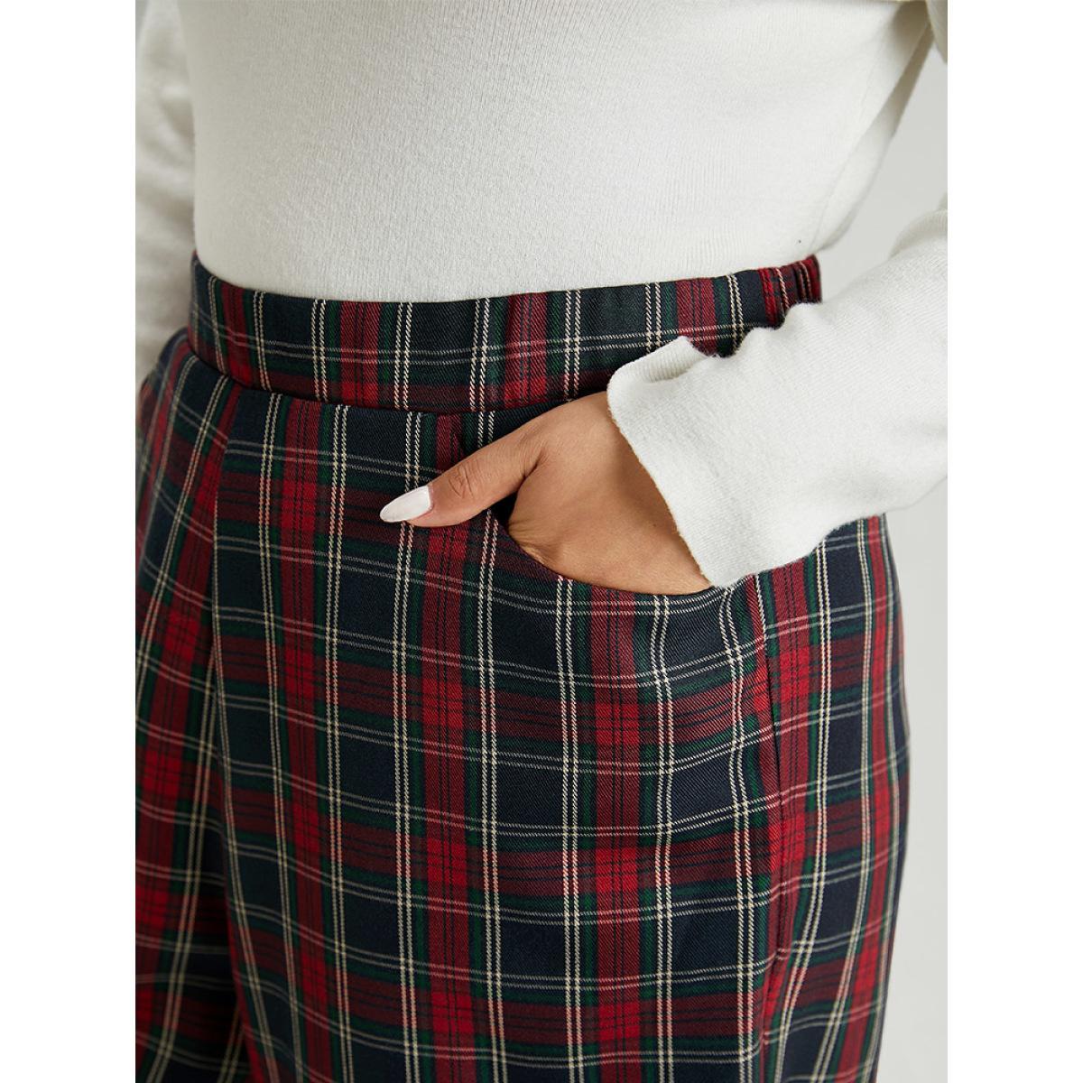 Plus Size Plaid Elastic Waist Pocket Straight Leg Pants Women Multicolor Elegant Straight Leg High Rise Festival-Christmas Pants BloomChic 18-20/2X Product Image