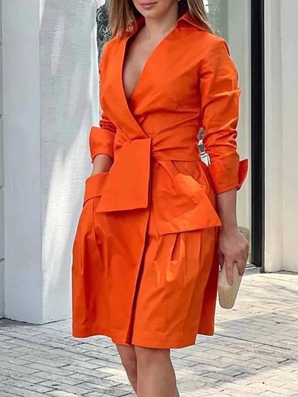 Long Sleeves Solid Color Tied Waist Deep V-Neck Mini Dresses Product Image