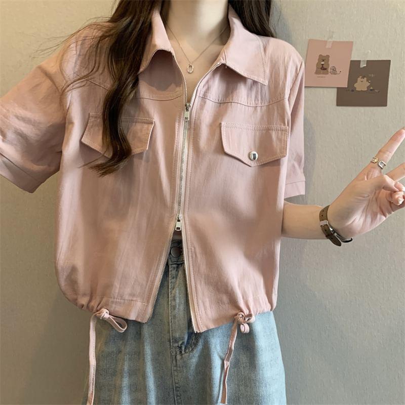 Short-Sleeve Pocketed Zip-Up Plain Crop Shirt Product Image