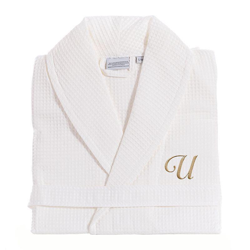 Linum Home Textiles Turkish Cotton Personalized Waffle Weave Bathrobe, Women's, Size: Large/XL, White Gray F Product Image