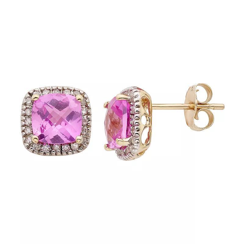 Lab-Created Pink Sapphire and 1/6 Carat T.W. Diamond 10K Gold Halo Button Stud Earrings, Womens, White Product Image