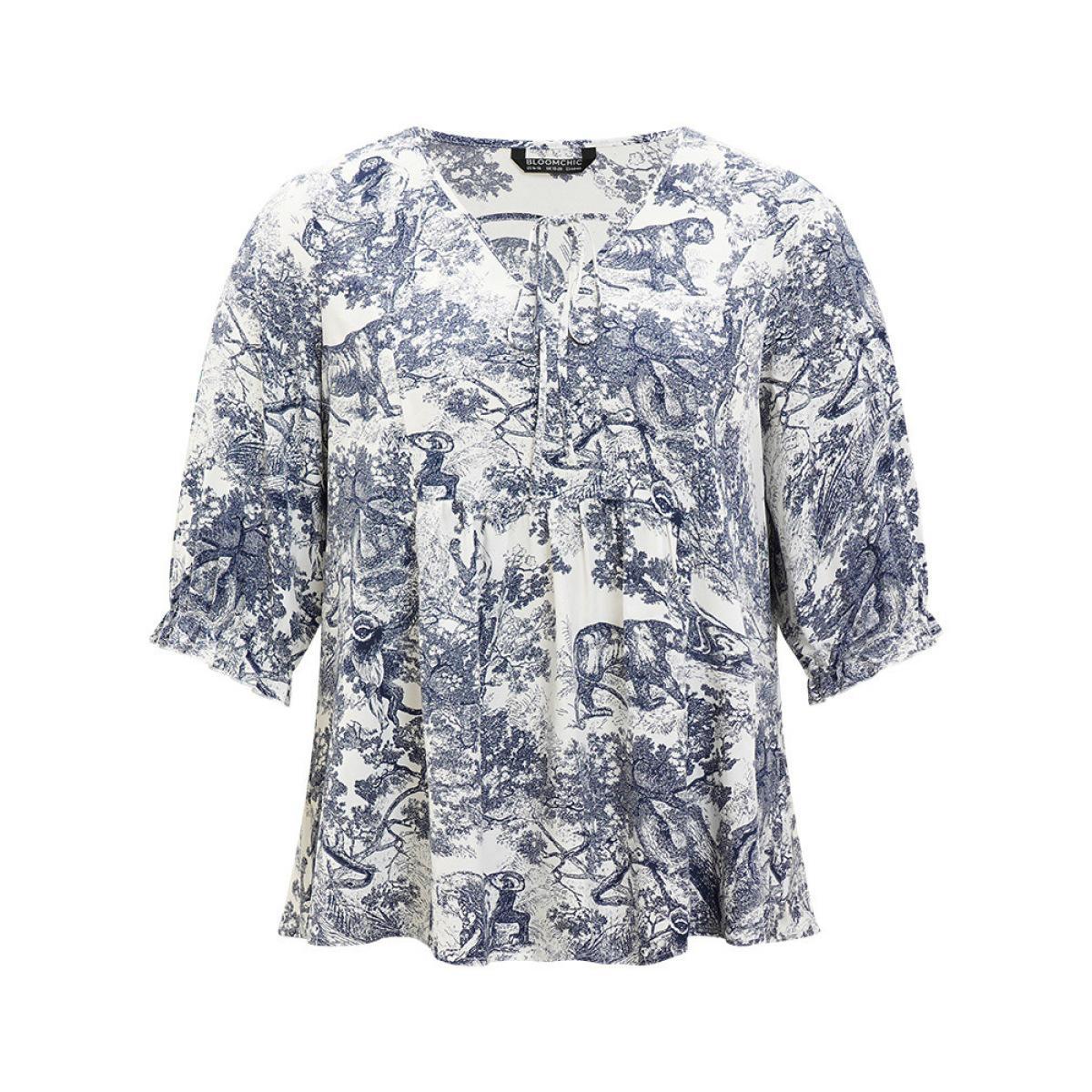 Plus Size Multicolor Print Knot Neck Lantern Sleeve Ruffle Hem Blouse Women Vacation Half Sleeve V-neck Dailywear Blouses BloomChic 28/5X Product Image