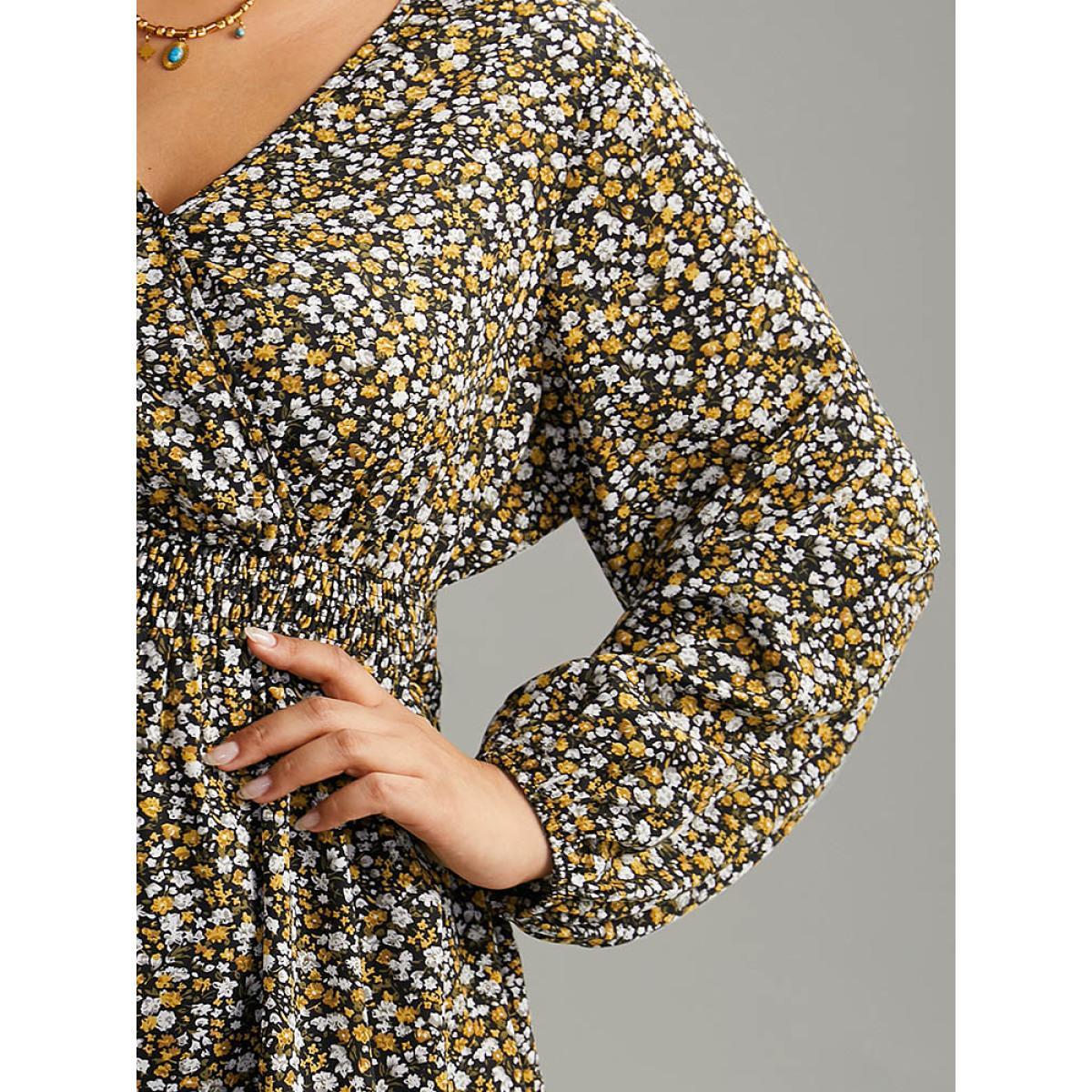 Plus Size Black Ditsy Floral Lantern Sleeve Shirred Blouse Women Elegant Long Sleeve V-neck Dailywear Blouses BloomChic 14-16/1X Product Image