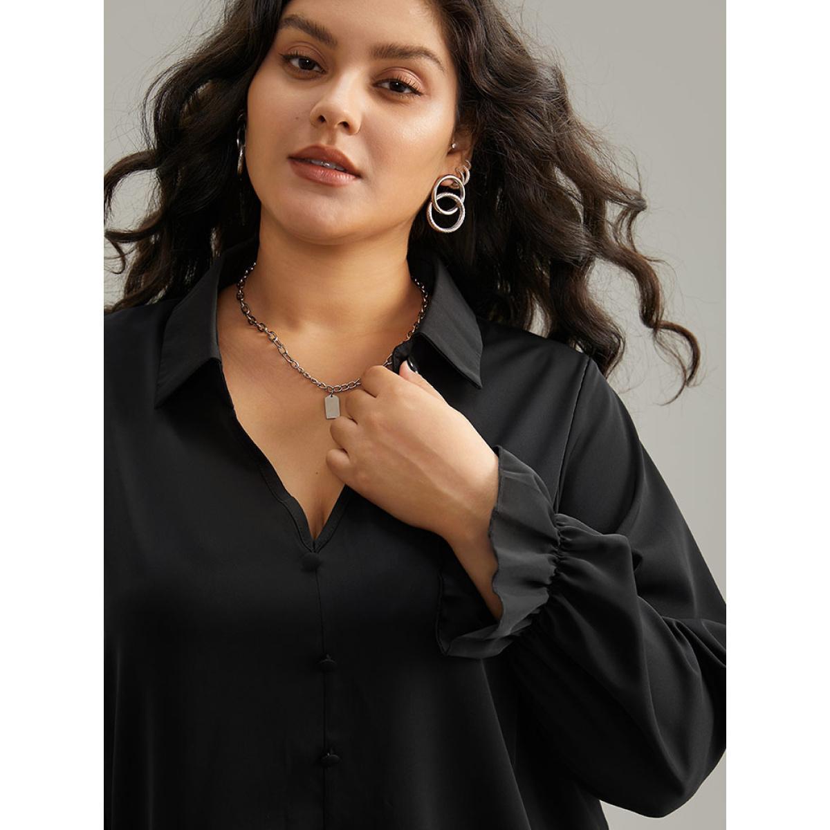 Plus Size Black Static-Free Solid Button Detail Frill Trim Blouse Women Office Long Sleeve Shirt collar Work Blouses BloomChic 22-24/3X Product Image