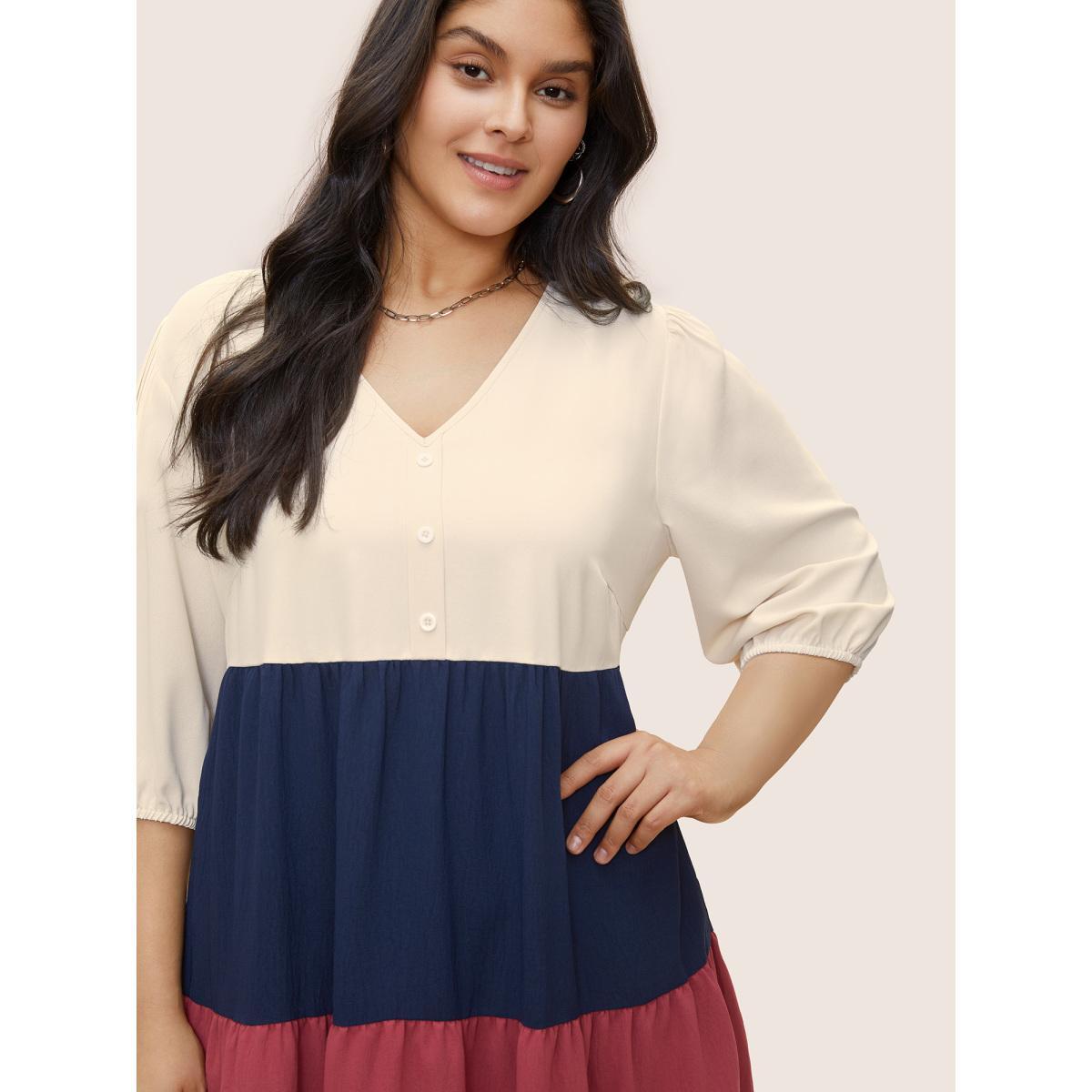 Plus Size Colorblock Contrast Button Detail Layered Hem Dress Multicolor Women Casual Non V-neck Elbow-length sleeve Curvy Midi Dress BloomChic 22-24/3X Product Image
