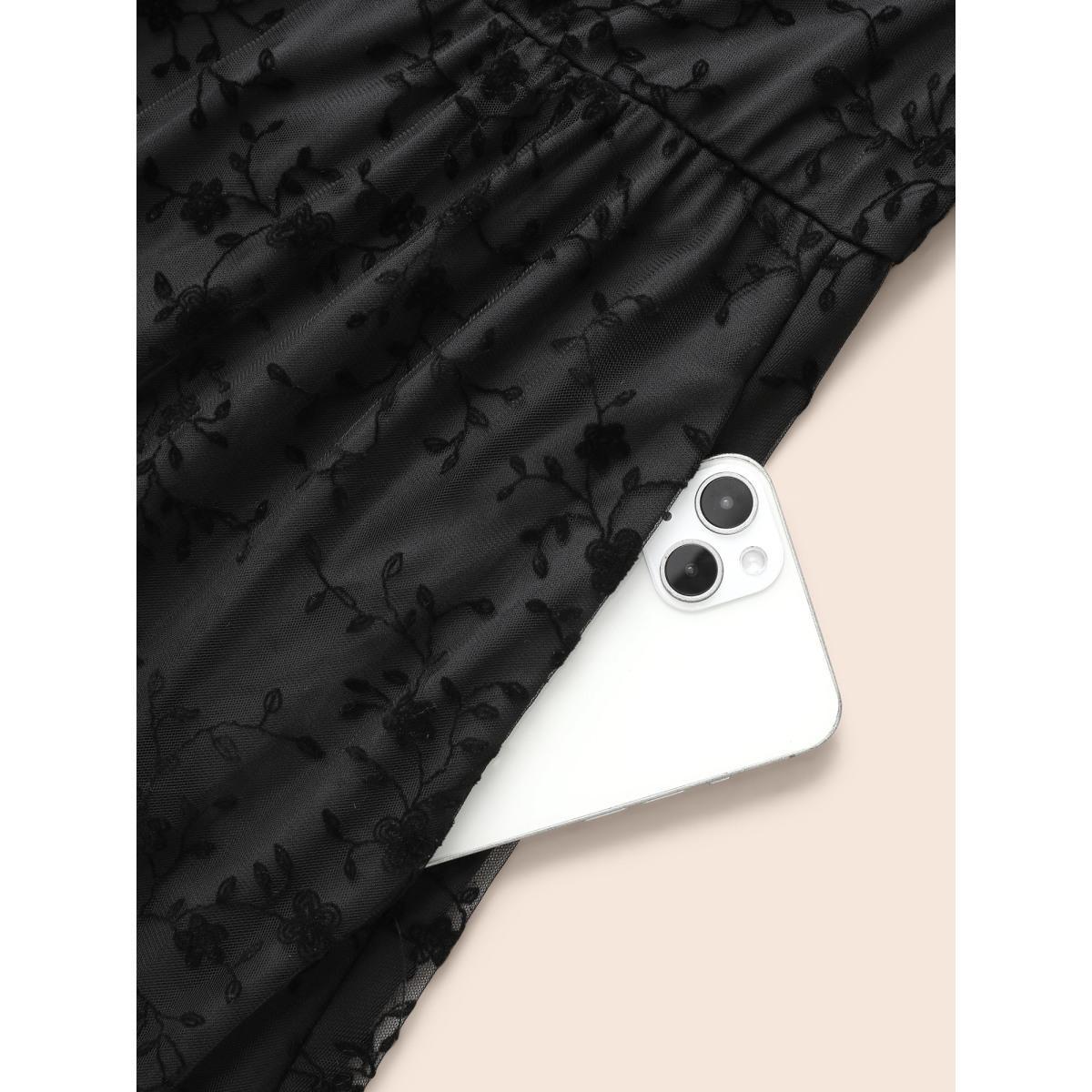 Plus Size Floral Flocking Mesh Sleeveless Dress Black Women Elegant Texture V-neck Sleeveless Curvy BloomChic 18-20/2X Product Image