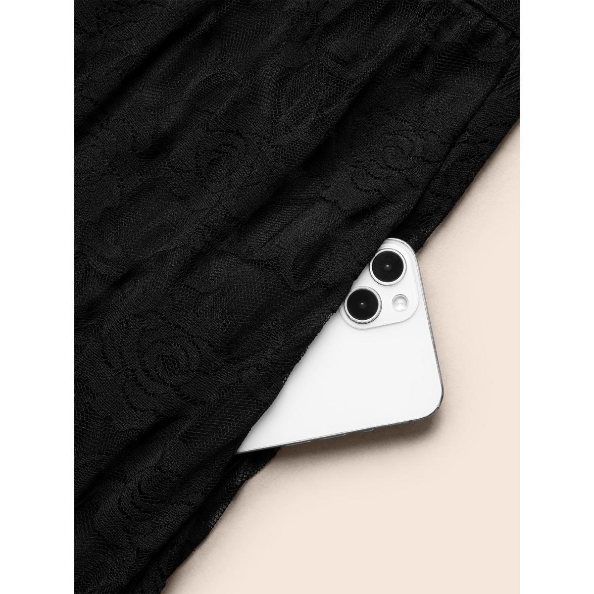 Plus Size Lace Ruffled Sleeve Waist-Cinched Midi Dress Black Women Elegant Texture Knit Dresses Bloomchic 26/4X Product Image