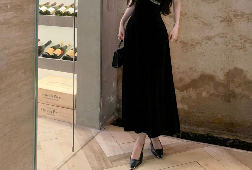 Spaghetti Strap V-Neck Velvet Lace Trim Maxi A-Line Dress Product Image