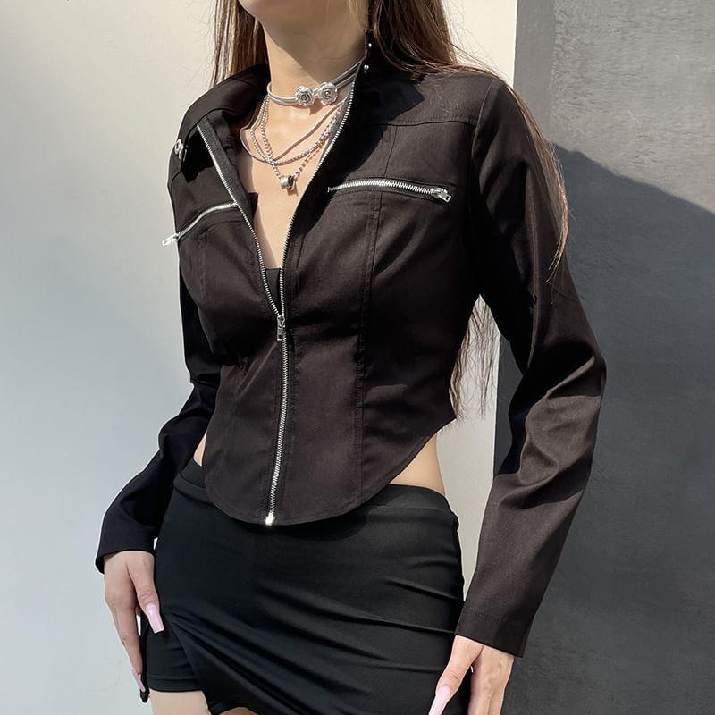 Stand Collar Plain Faux Leather Crop Zip  Jacket Product Image
