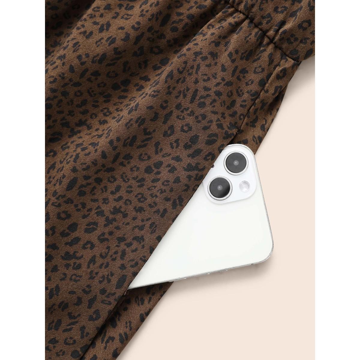 Plus Size Leopard Print Tie Knot Gathered Dress Browncoffeecolor Women At the Office Tie knot V-neck Elbow-length sleeve Curvy BloomChic 22-24/3X Product Image