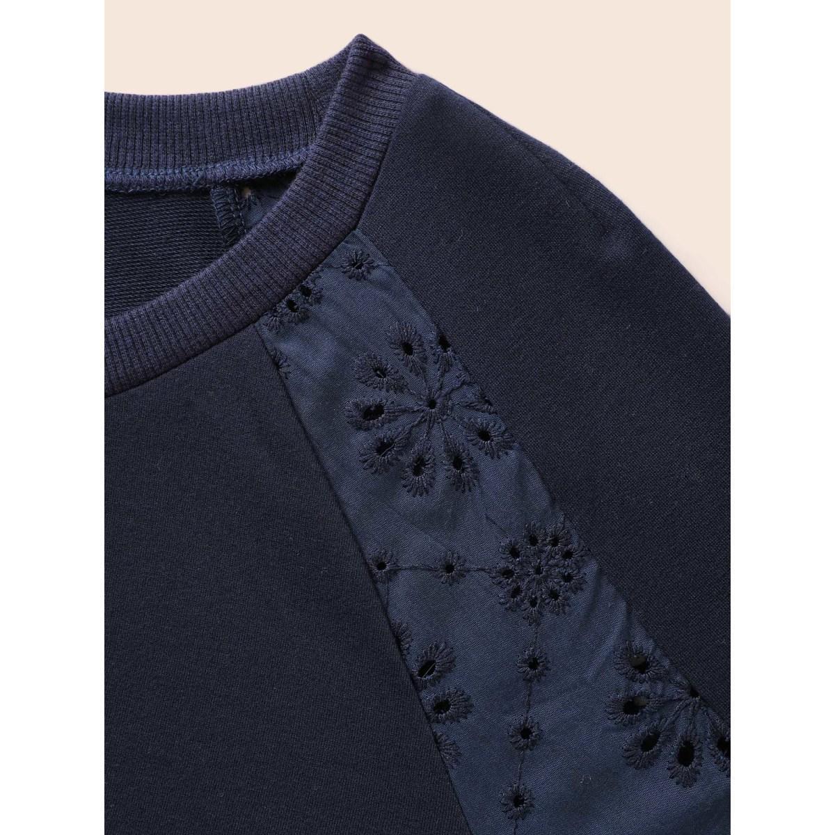 Plus Size Broderie Anglaise Patchwork Raglan Sleeve Sweatshirt Women Midnight Casual Patchwork Round Neck Everyday Sweatshirts BloomChic 26/4X Product Image