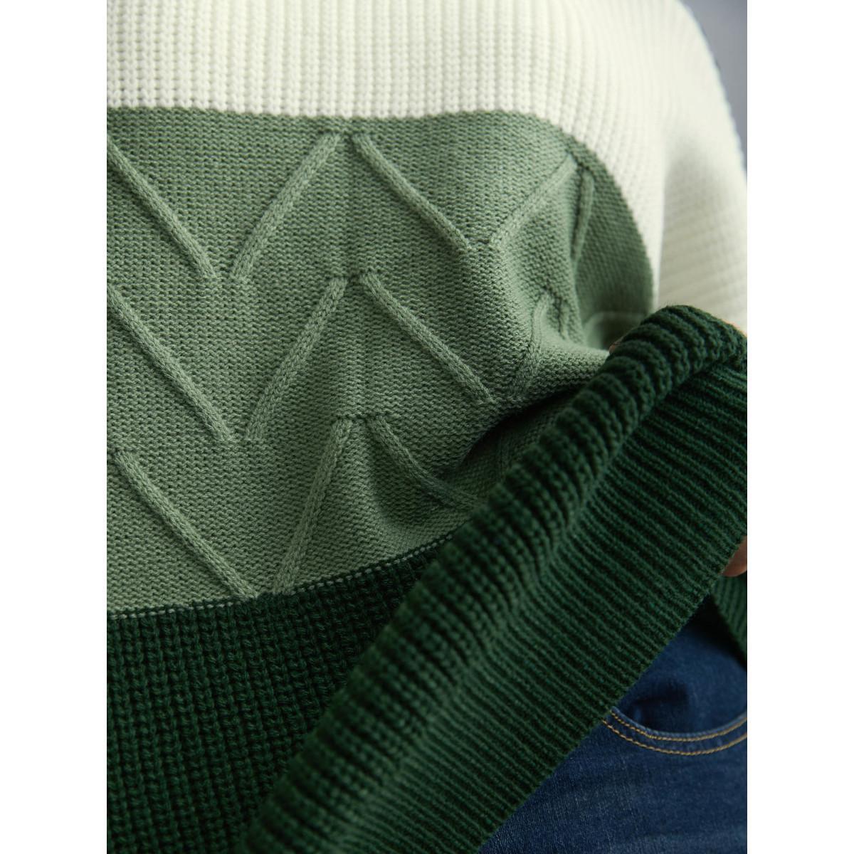 Plus Size Textured Color Block Round Neck Pullover DarkGreen Women Casual Loose Long Sleeve Round Neck Everyday Pullovers BloomChic 28/5X Product Image