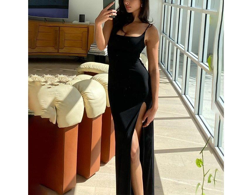Spaghetti Strap Mesh Panel Slit Maxi Bodycon Dress Product Image