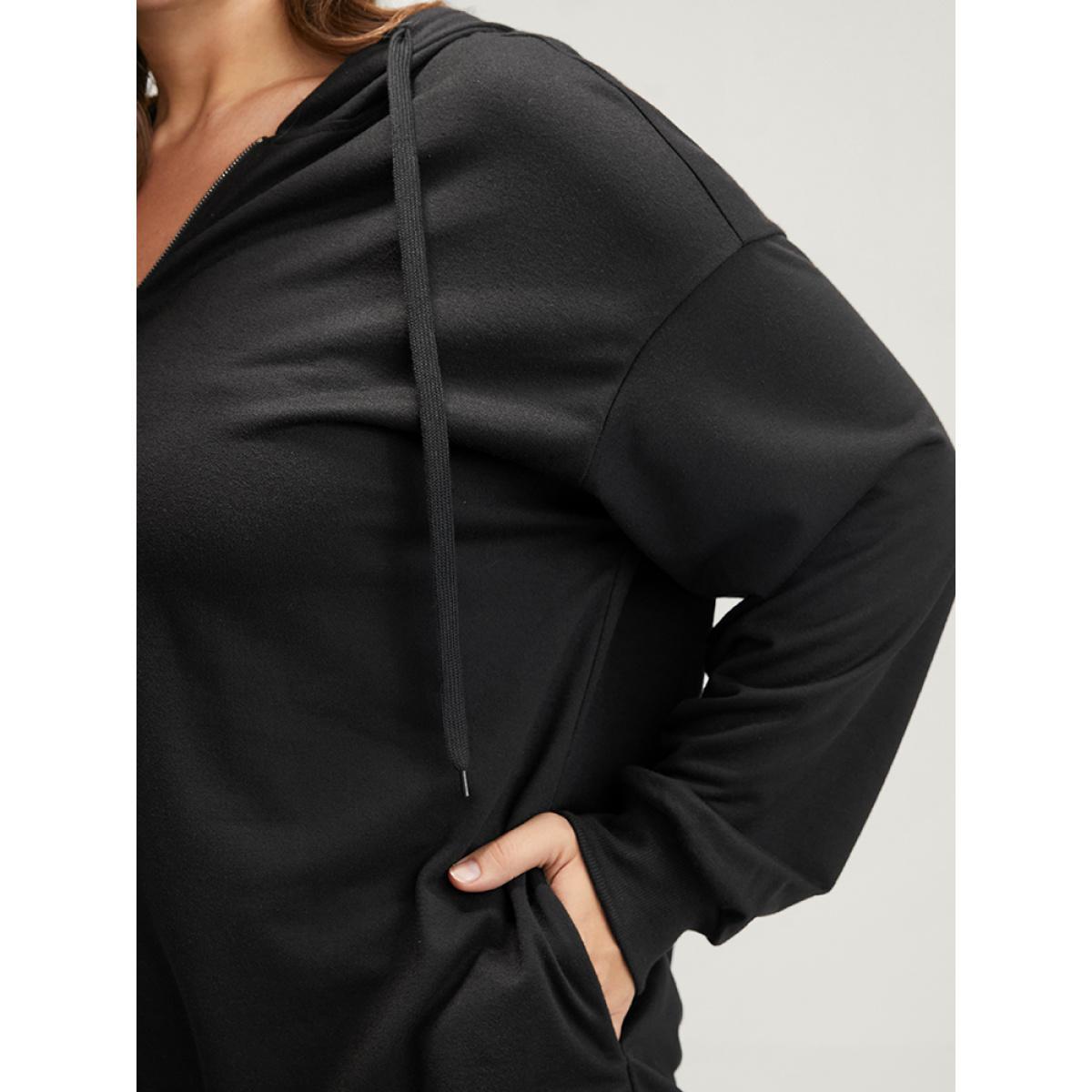Plus Size Solid Zipper Front Pocket Drawstring Hooded Sweatshirt Women Black Casual Zipper Hooded Dailywear Sweatshirts BloomChic 28/5X Product Image