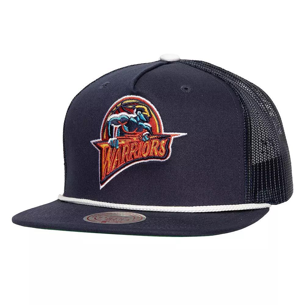 Men's Mitchell & Ness Navy Golden State Warriors Roper Meshback Trucker Snapback Hat, Blue Product Image