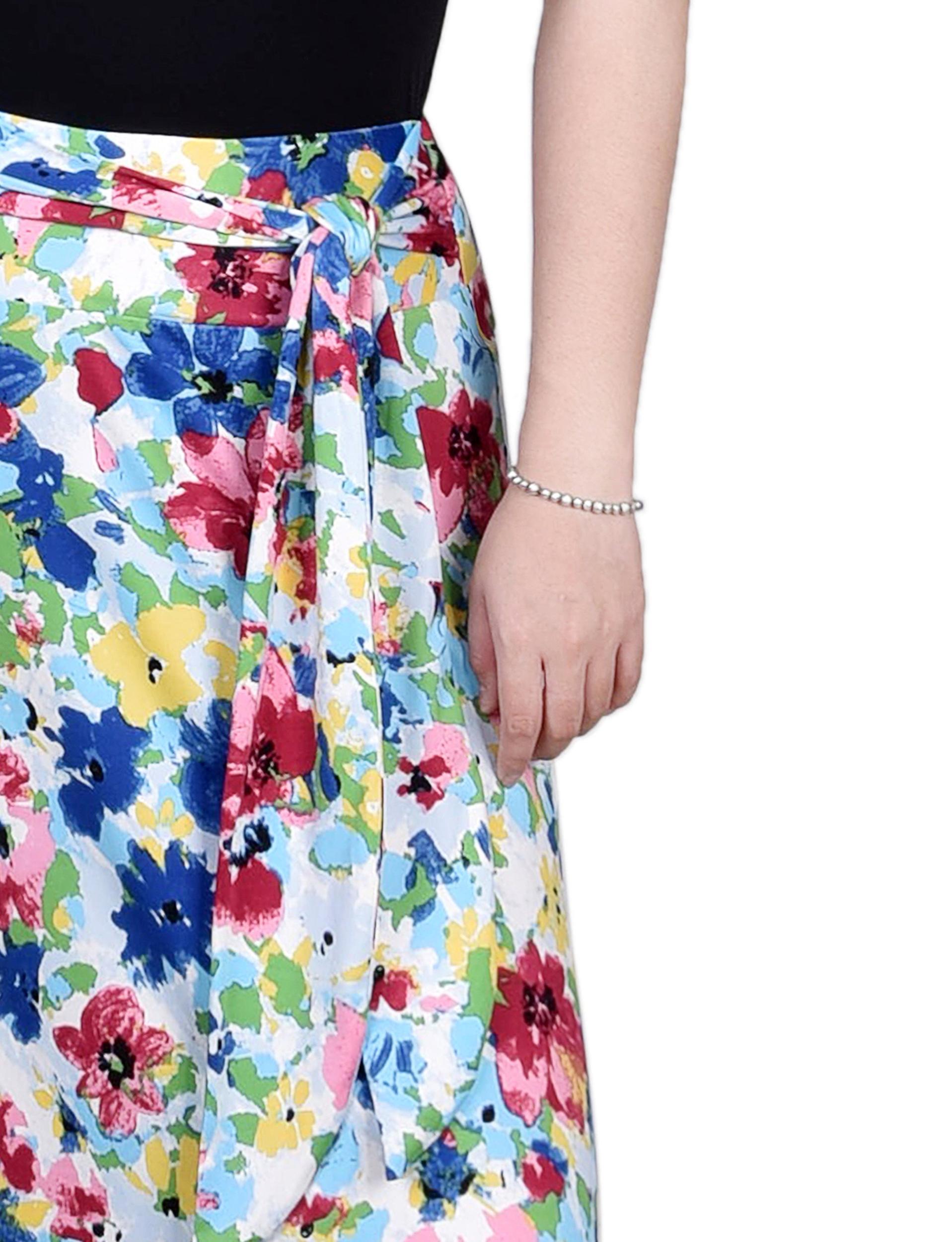Pink Blue Flowers Maxi Skirt With Sash Waist Tie Product Image