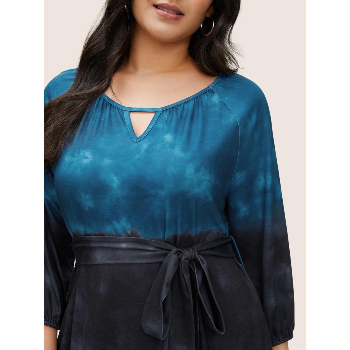 Plus Size Tie Dye Cut Out Belted Elastic Cuffs Dress DarkBlue Women Casual Non Notched collar Elbow-length sleeve Curvy Midi Dress BloomChic 14-16/1X Product Image