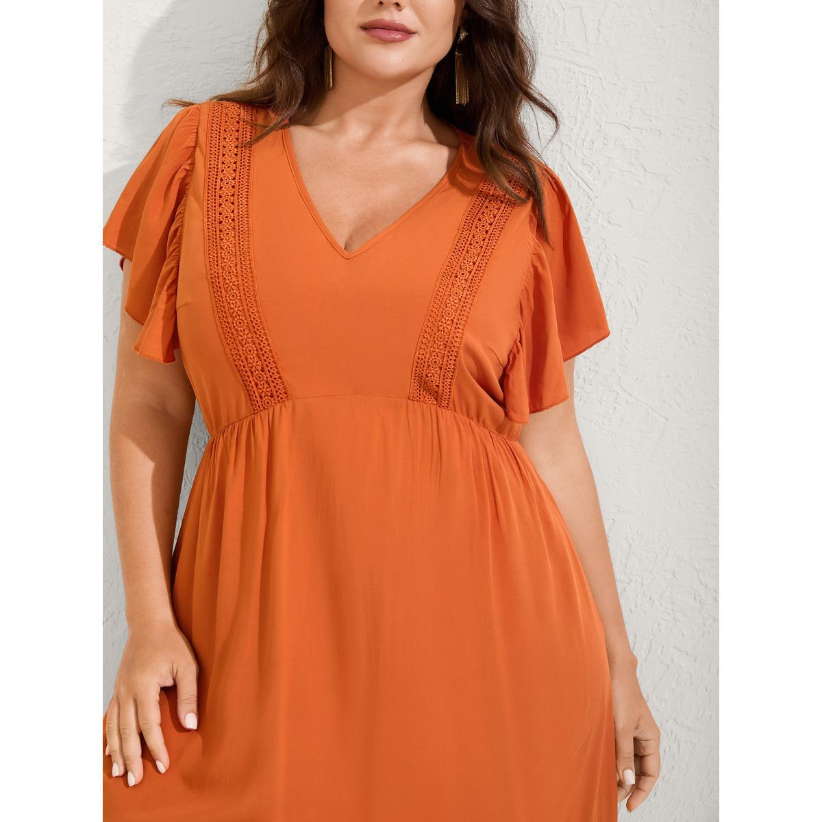 Plus Size Rayon Stretchy Waist Lace Midi Dress OrangeRed Women V-neck Short sleeve Curvy BloomChic 14-16/1X Product Image