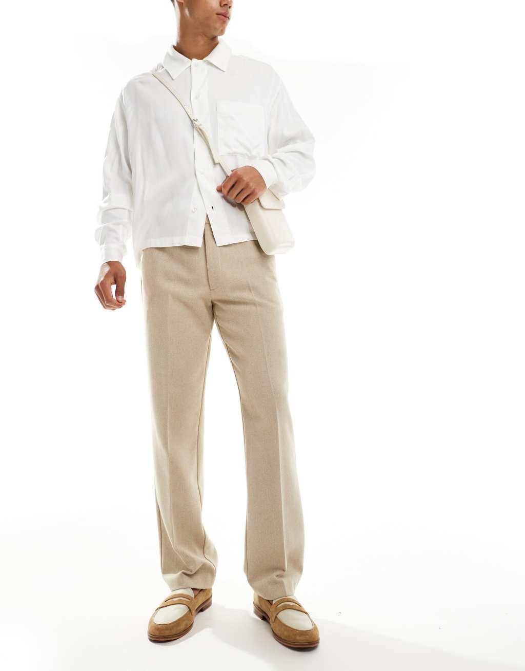 ASOS DESIGN smart straight leg wool mix pants in stone herringbone Product Image