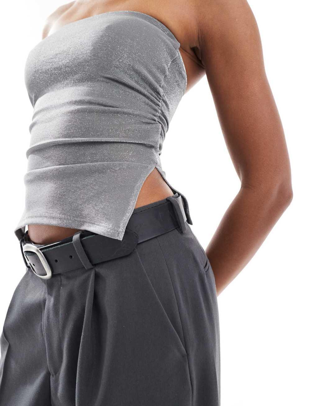 Bershka ruched side glitter bandeau in silver Product Image