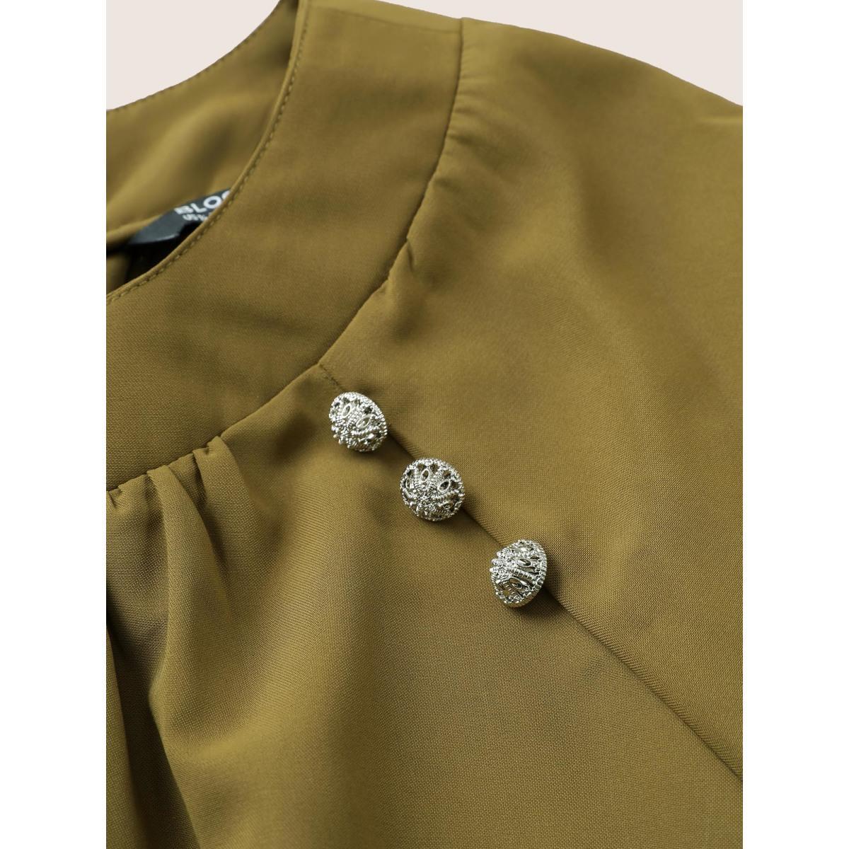 Plus Size ArmyGreen Static-Free Plain Gathered Button Detail Blouse Women At the Office Elbow-length sleeve Round Neck Work Blouses BloomChic 12/L Product Image