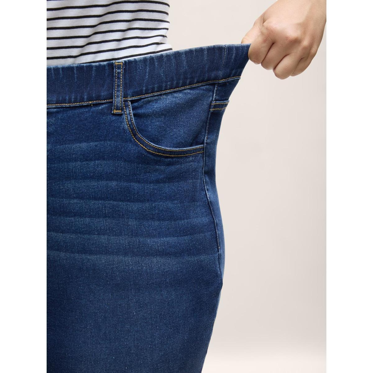 Plus Size Stretchy Waist Whiskered Bootcut Jeans Women Denimindigo Elegant Medium stretch Slanted pocket Jeans BloomChic 28/5X Product Image