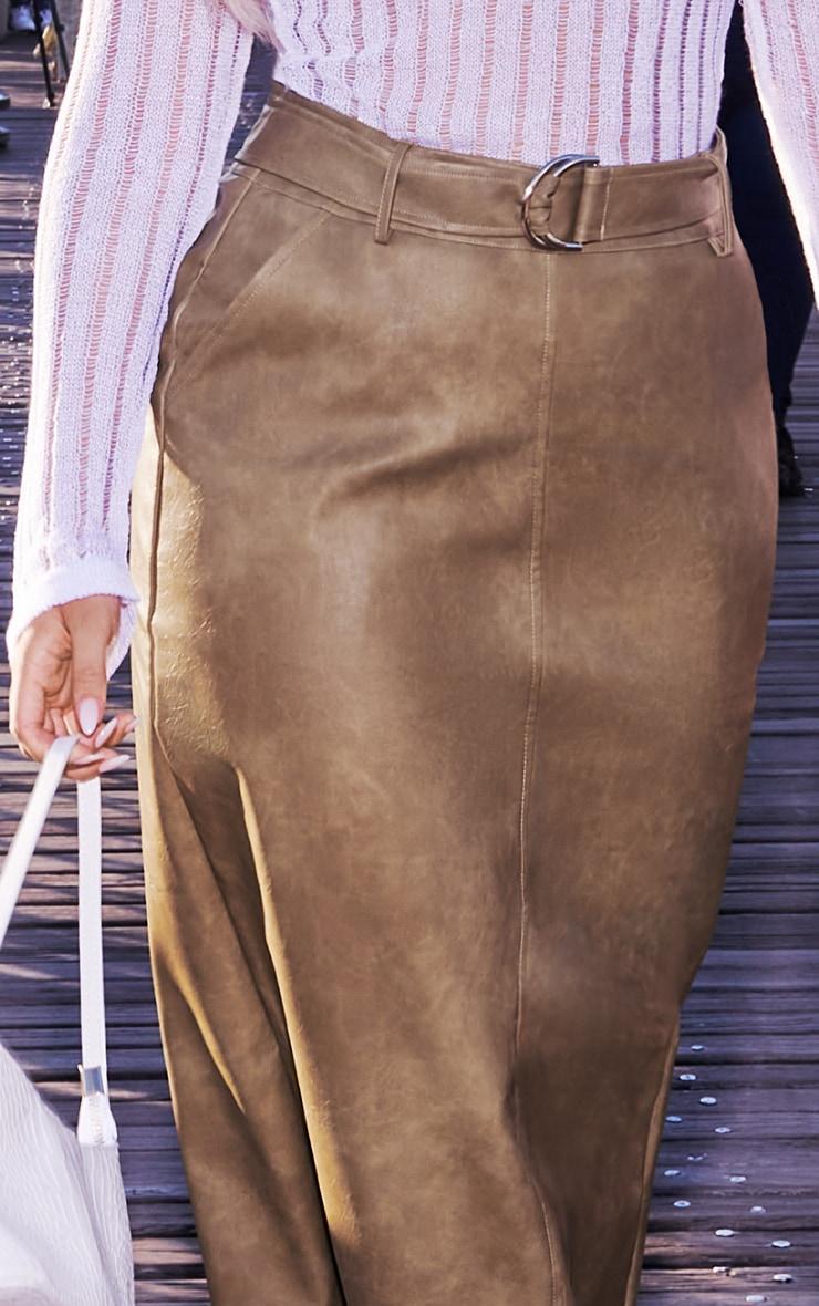 Premium Olive Washed Faux Leather Belted Maxi Skirt Product Image