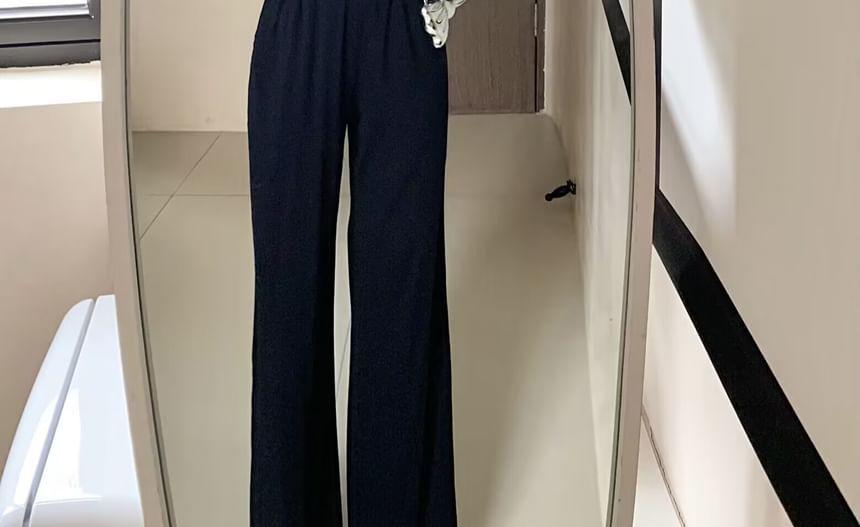 Set: Plain Ruched Tube Top + Elastic Waist Wide Leg Pants Product Image