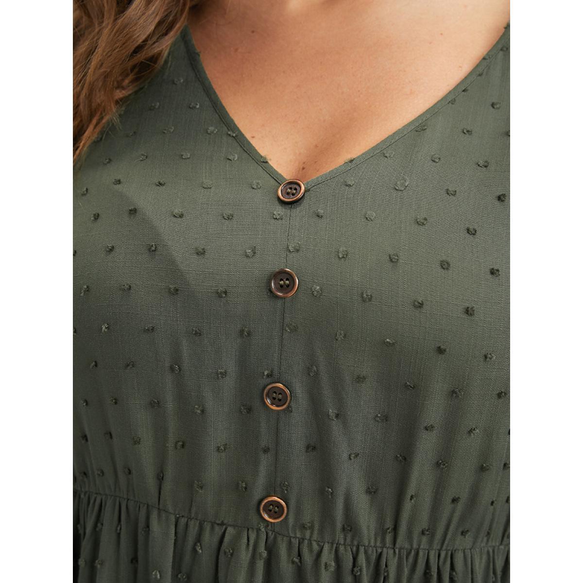Plus Size ArmyGreen Polka Dot Flutter Button Detail Lantern Sleeve Blouse Women Elegant Long Sleeve V-neck Dailywear Blouses BloomChic 18-20/2X Product Image