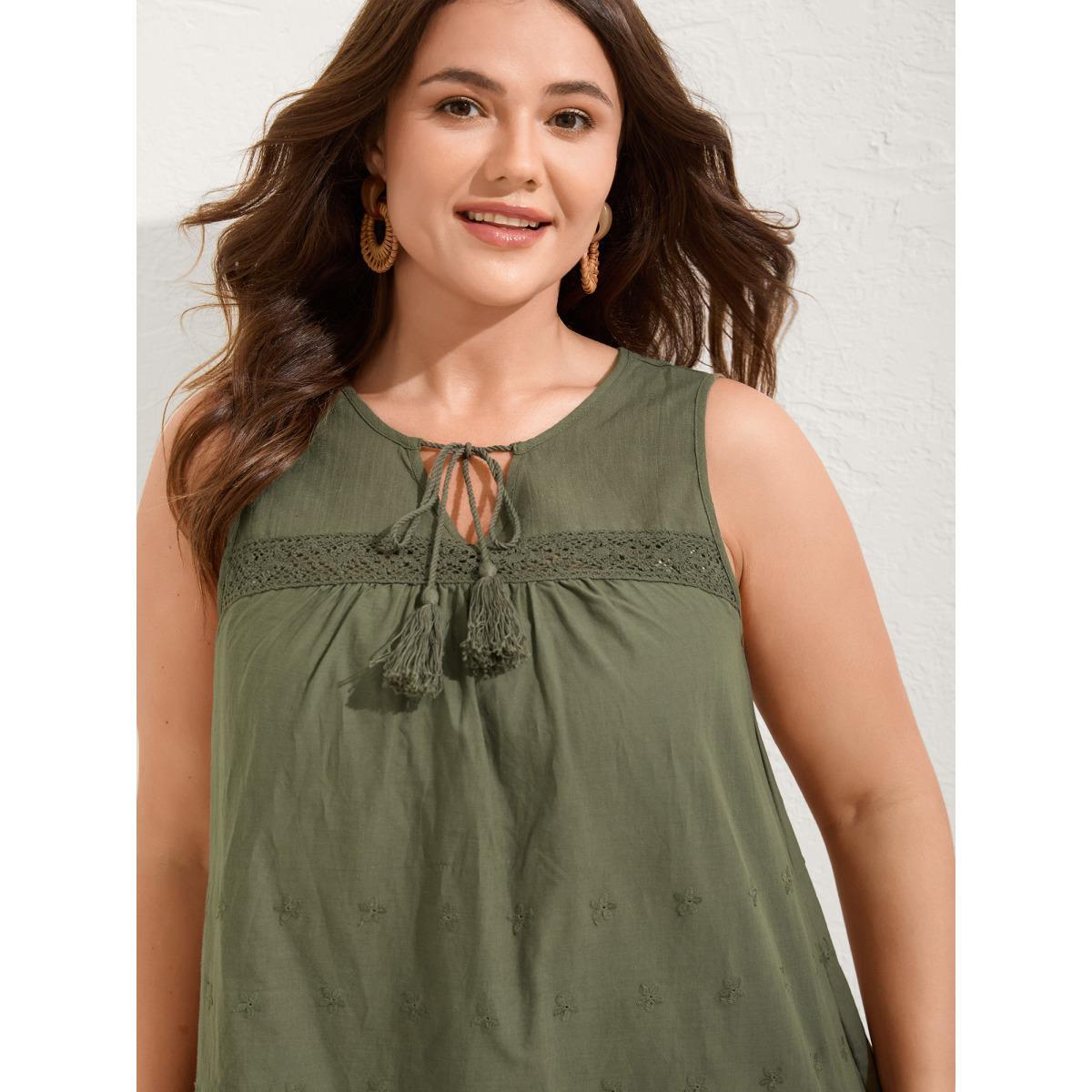 Plus Size Cotton Eyelet Embroidered Flowy Tank Top Women ArmyGreen Woven ribbon&lace trim Notched collar Vacation Tank Tops Camis BloomChic 30/6X Product Image