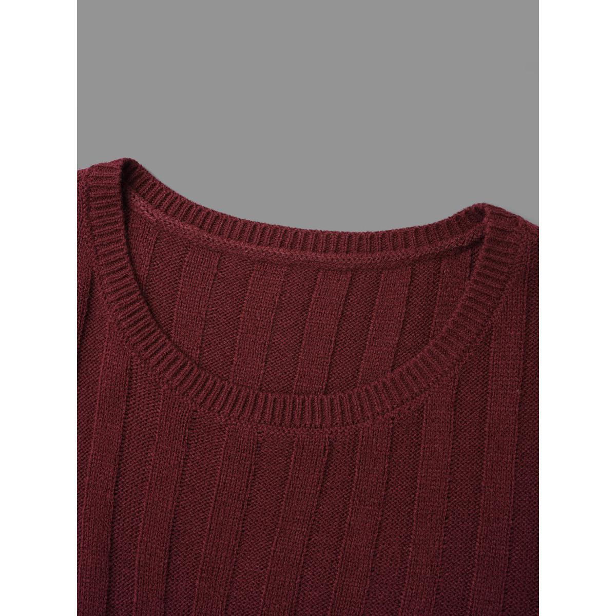 Plus Size Plain Cable Knit Pleated Texture Pullover Deepred Women Casual Bodycon Long Sleeve Round Neck Everyday Pullovers BloomChic 12/L Product Image