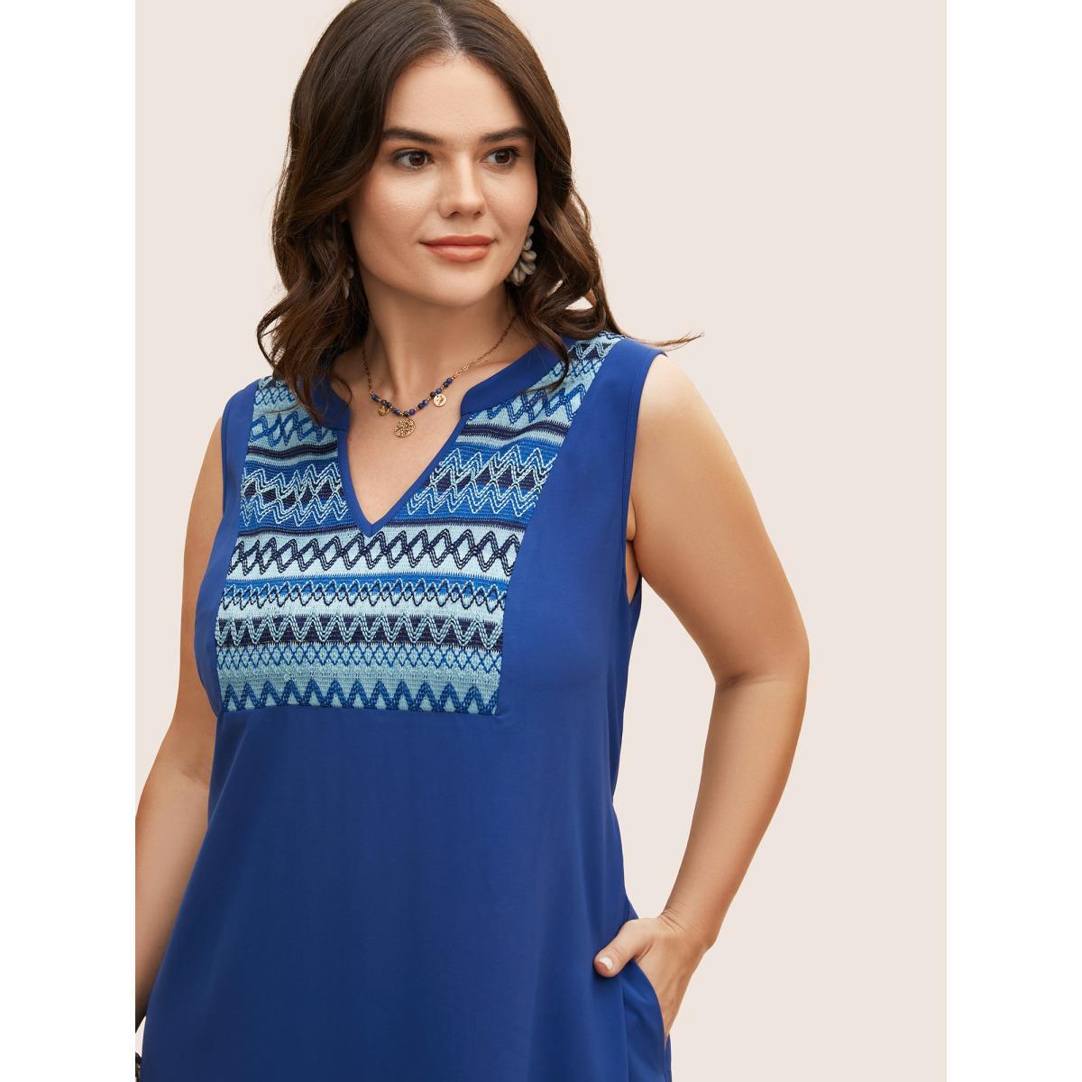 Plus Size Notched Collar Geometric Patchwork Sleeveless Dress Brightblue Women Resort Non Notched collar Sleeveless Curvy BloomChic 12/L Product Image