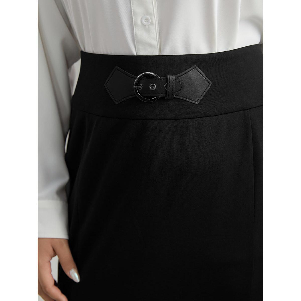 Plus Size Plain Ruffles Buckle Detail Mermaid Hem Skirt Women Black Office Style accents Bodycon Medium stretch Work Skirts BloomChic 12/L Product Image