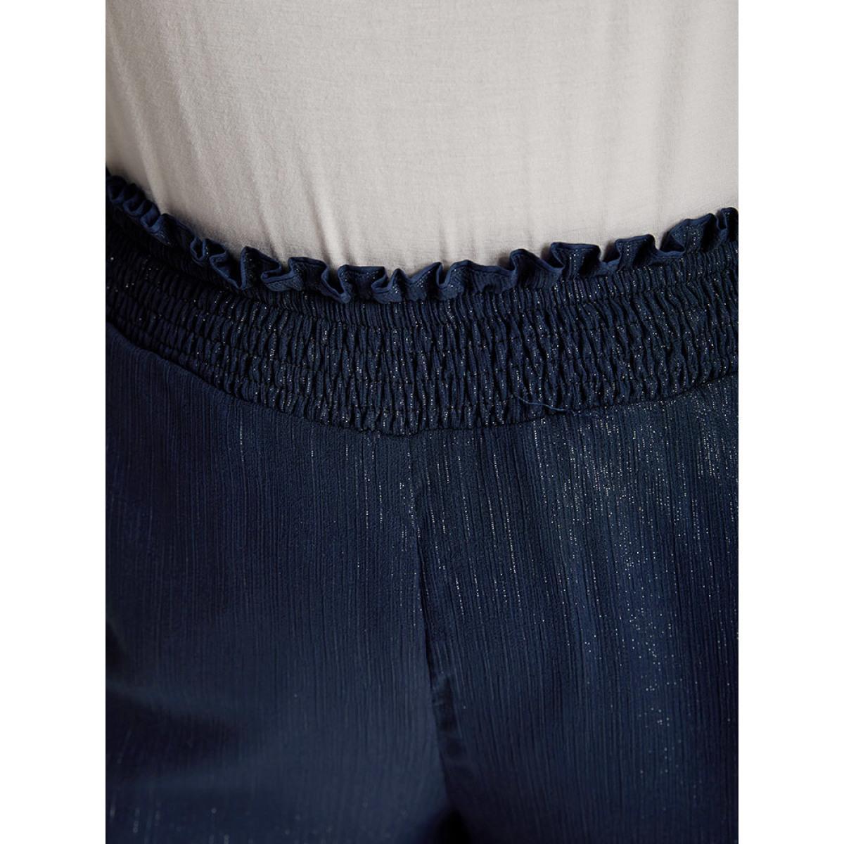 Plus Size Plain Glitter Shirred Waist Pocket Pants Women Indigo Glamour High Rise Going out Pants BloomChic 12/L Product Image