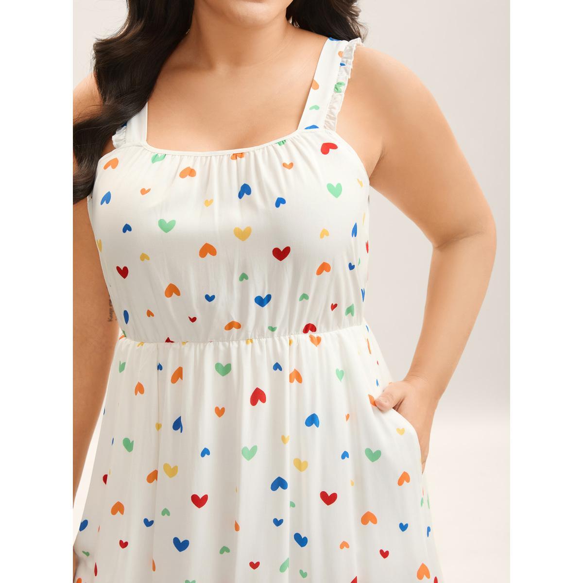 Plus Size Colorful Hearts Print Pockets Midi Dress Ivory Women Square Neck Sleeveless Curvy BloomChic 10/M Product Image