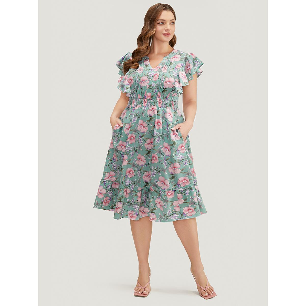 Plus Size Floral Pleated Shirred Notched Pocket Ruffle Trim Shirred Dress Mint Women Elegant Pleated Notched collar Cap Sleeve Curvy Midi Dress BloomChic 10/M Product Image
