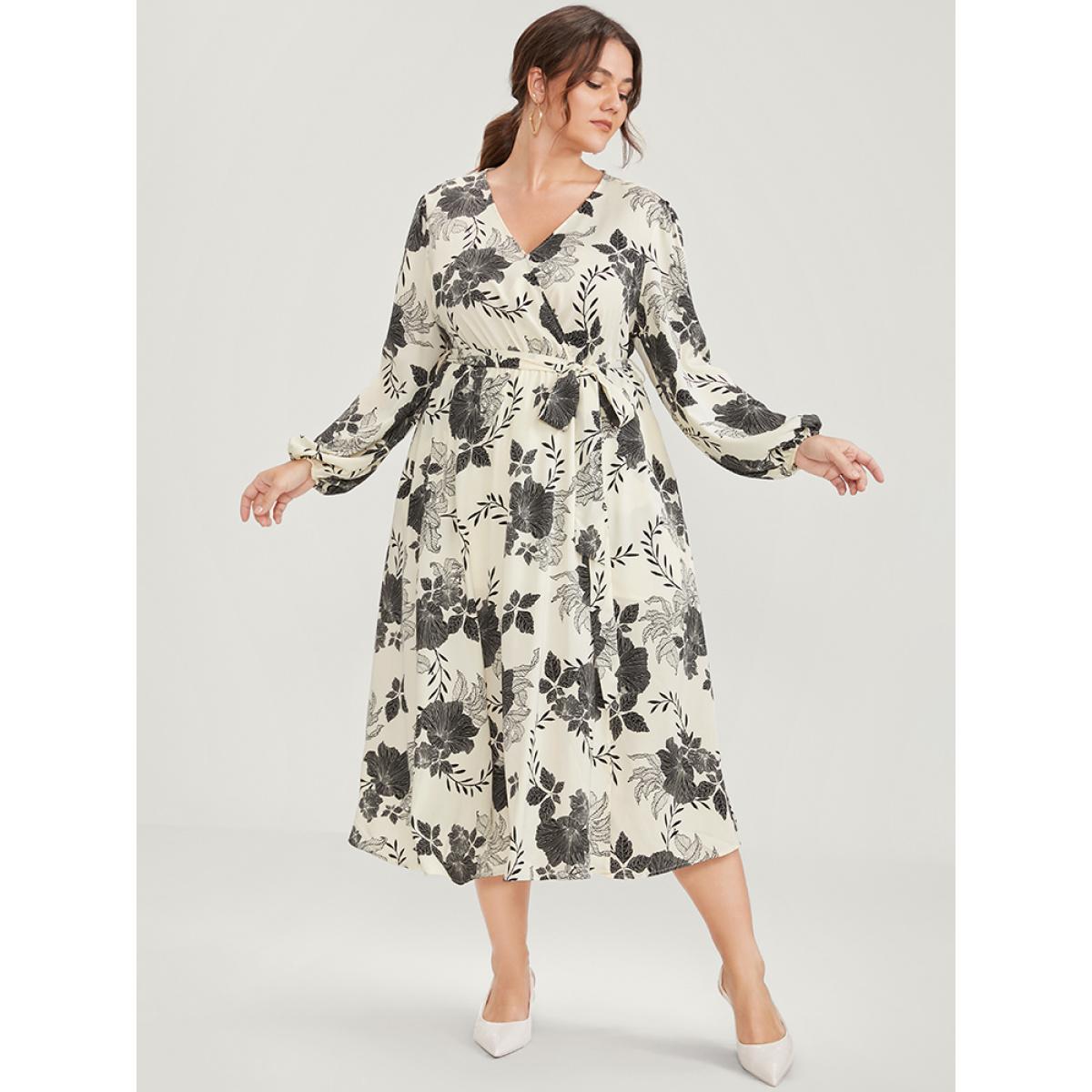 Plus Size Floral Print Lantern Sleeve Pocket Split Belted Dress Beige Women Elegant Belted V-neck Long Sleeve Curvy Midi Dress BloomChic 12/L Product Image