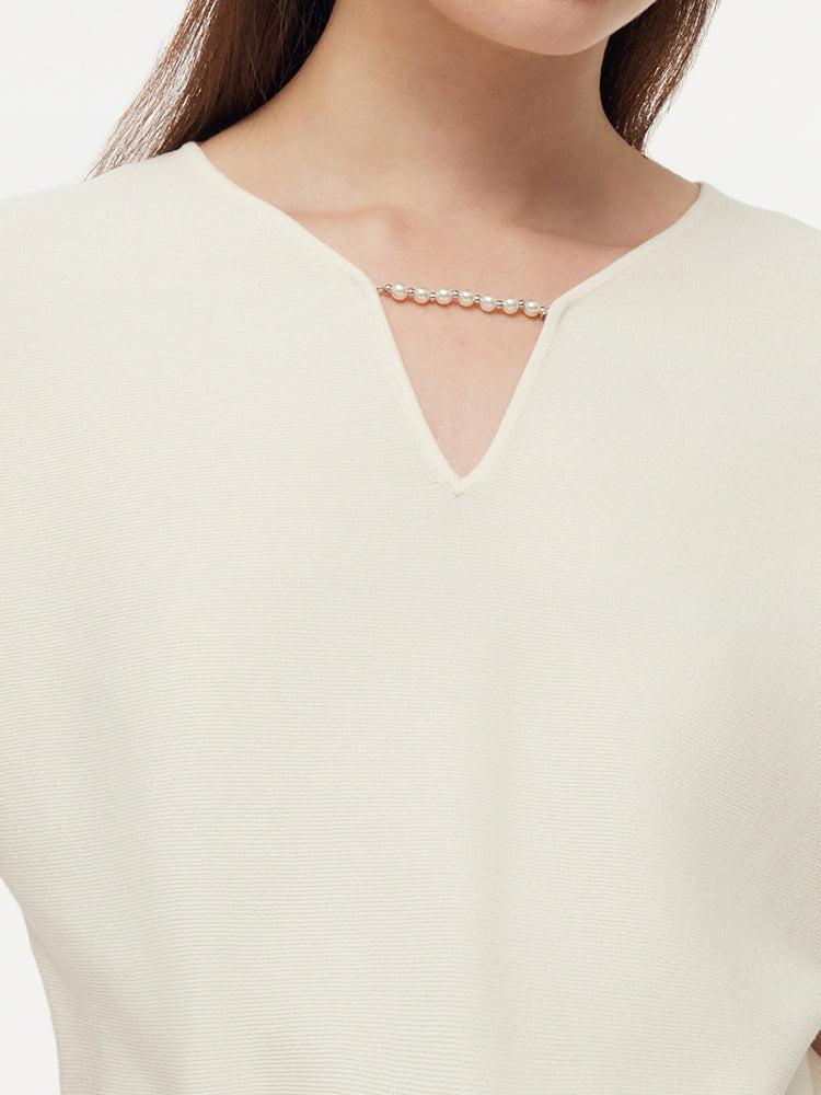 Tencel V-Neck Women Top With Detachable Beaded Chain Product Image