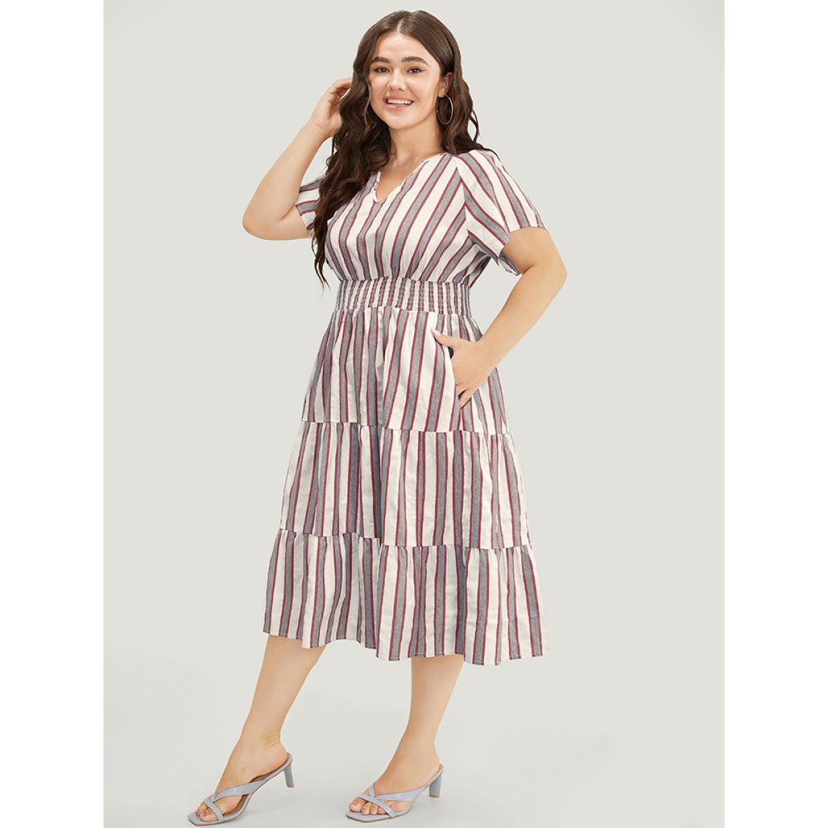 Plus Size Striped Contrast Pocket Shirred Flutter Tiered Dress Burgundy Women Resort Non V-neck Short sleeve Curvy Midi Dress BloomChic 10/M Product Image