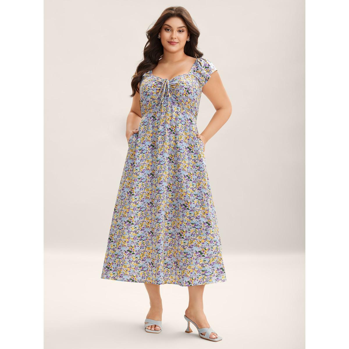 Plus Size Ditsy Floral Print Neck Tie Midi Dress Lilac Women Heart neckline Cap Sleeve Curvy BloomChic 14-16/1X Product Image