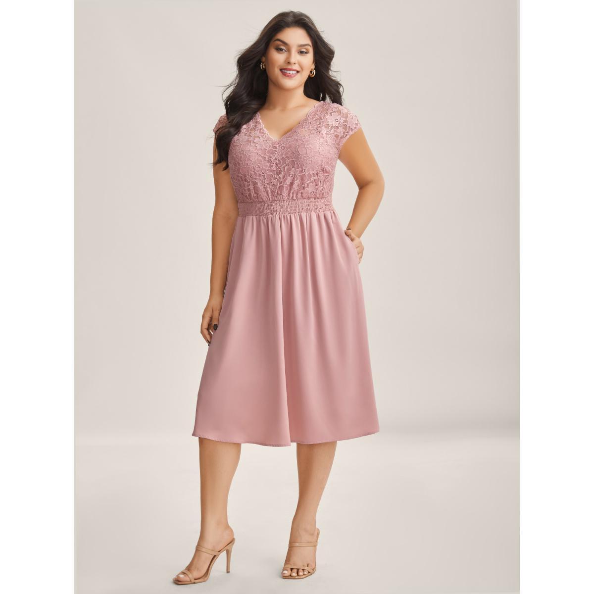 Plus Size Lace Sheer Stretchy Waist Solid Midi Dress Watermelon Women V-neck Short sleeve Curvy BloomChic 18-20/2X Product Image
