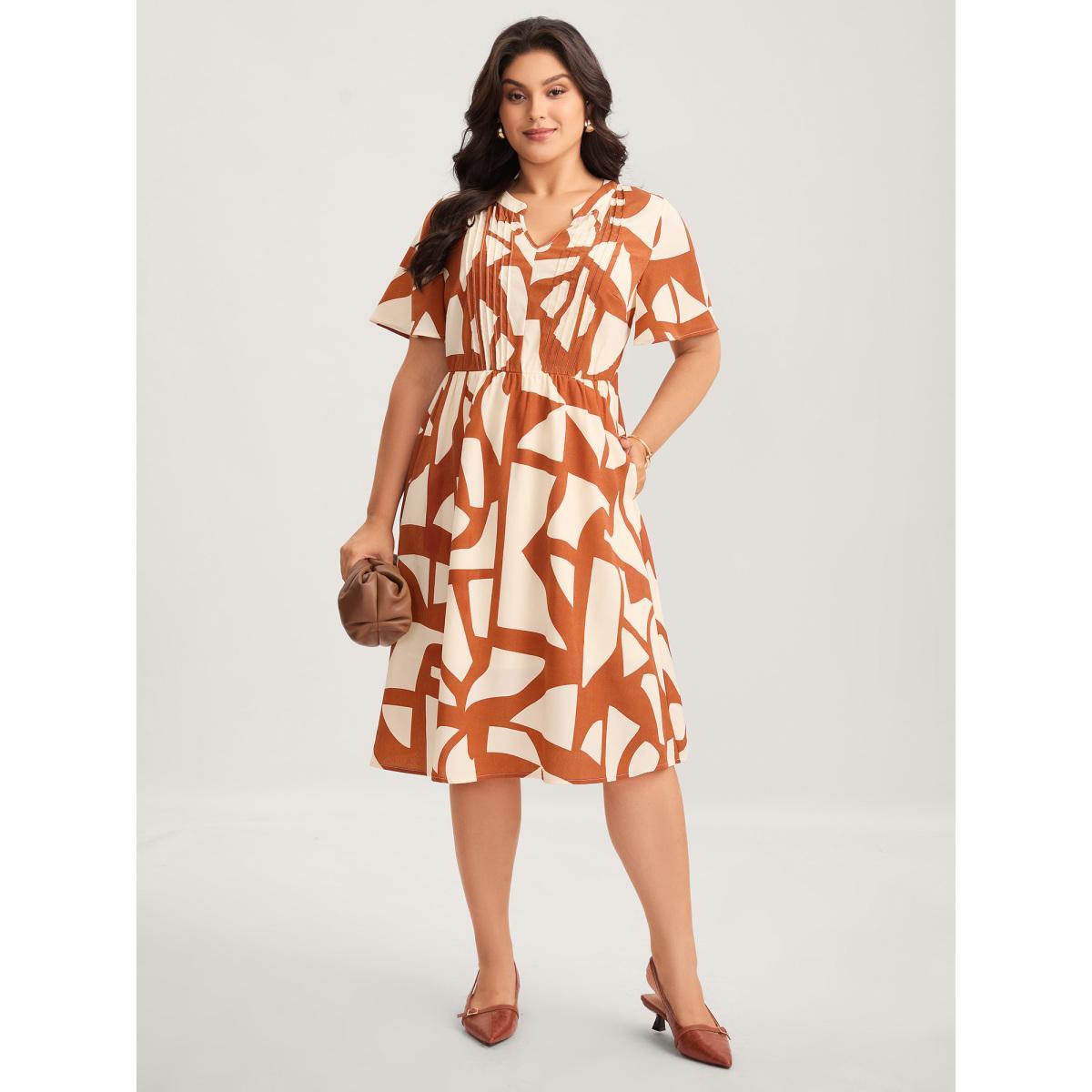 Plus Size Toothpick Pleat Notched Collar Midi Dress Rust Women Flat collar with V-notch Short sleeve Curvy BloomChic 26/4X Product Image