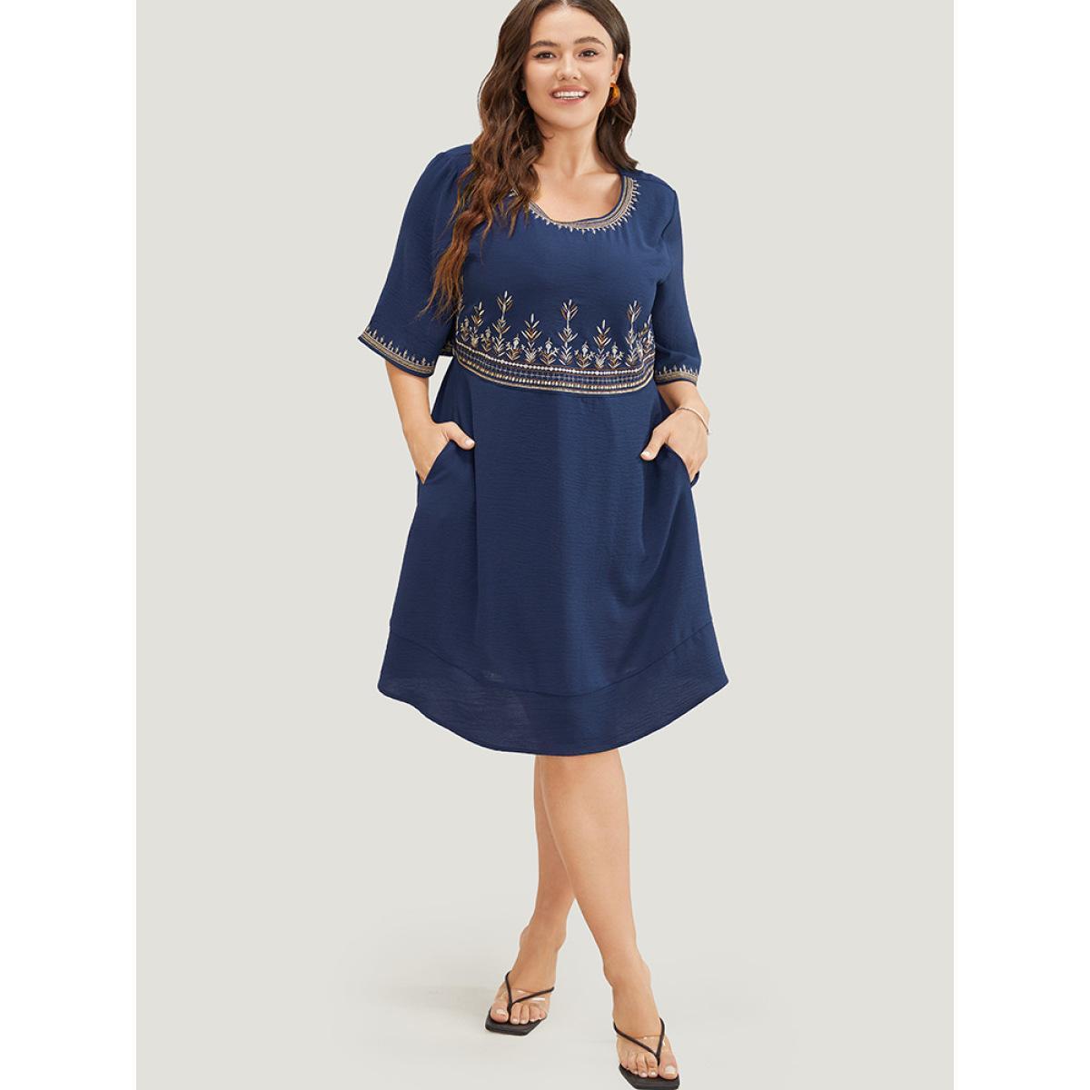 Plus Size Plant Embroidered Pocket Ruffle Sleeve Knee Dress Navy Women Vacation Embroidered Round Neck Short sleeve Curvy Knee Dress BloomChic 18-20/2X Product Image