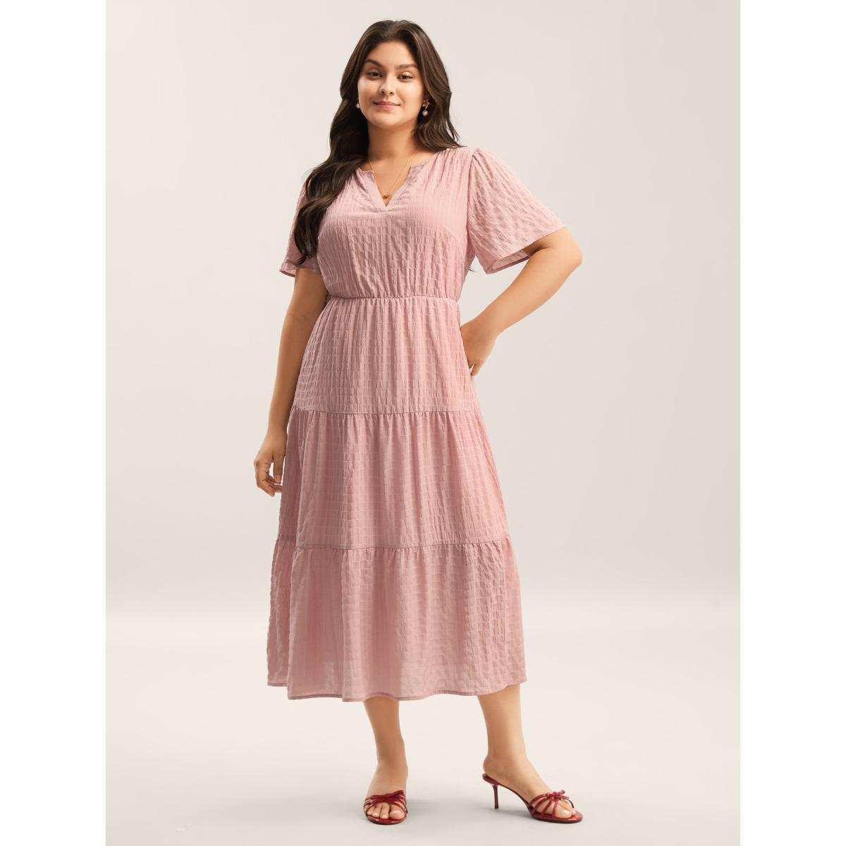 Plus Size Textured A-Line Split Neck Tiered Midi Dress Dirtypink Women Flat collar with V-notch Cap Sleeve Curvy BloomChic 18-20/2X Product Image