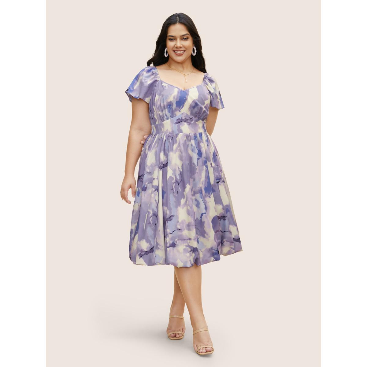 Plus Size Watercolor Floral Bubble Hem Pockets Dress DarkViolet Women Elegant Gathered Heart neckline Cap Sleeve Curvy BloomChic 14-16/1X Product Image