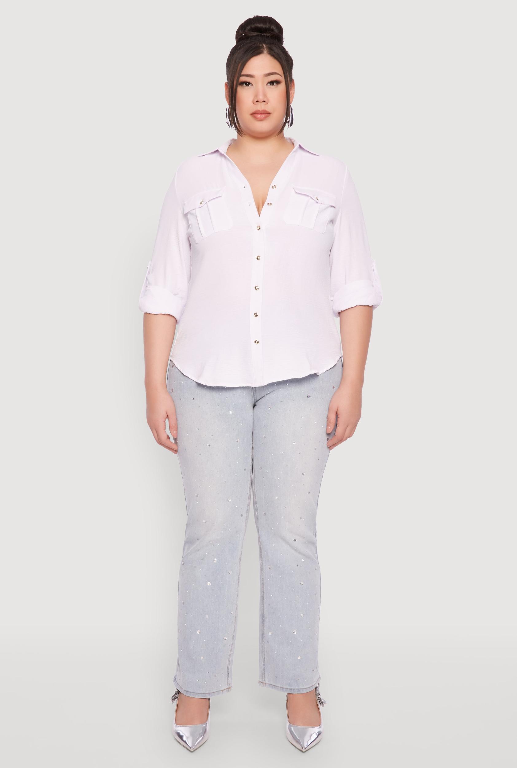Womens Plus Size Airy Tabbed Sleeve Shirt Product Image
