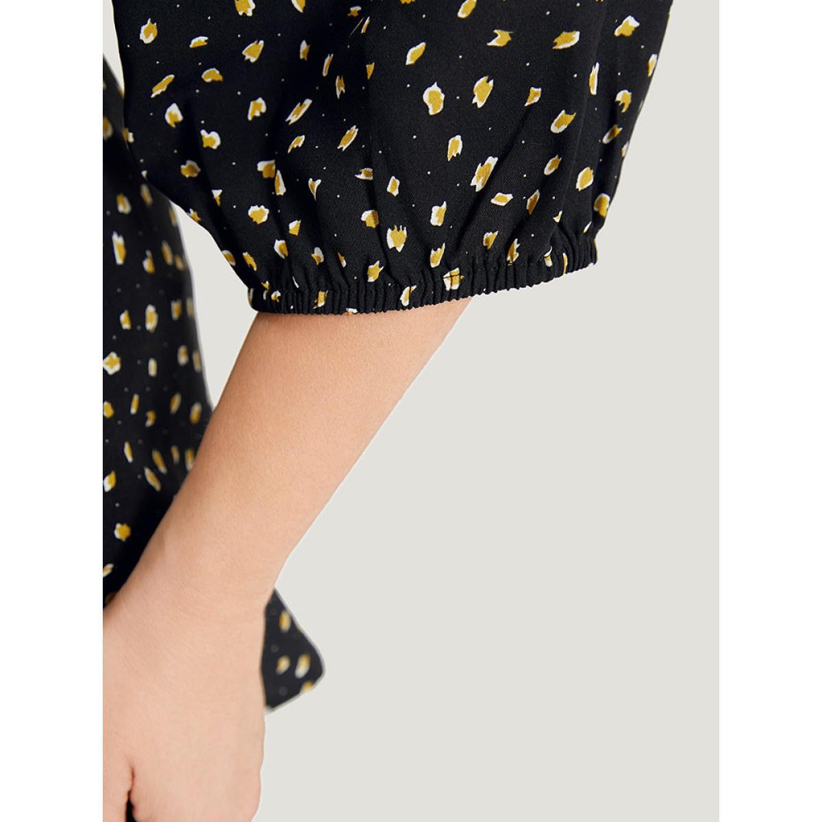 Plus Size Black Dot Button Up Keyhole Ties Lantern Sleeve Blouse Women Elegant Elbow-length sleeve Keyhole Cut-Out Dailywear Blouses BloomChic 28/5X Product Image