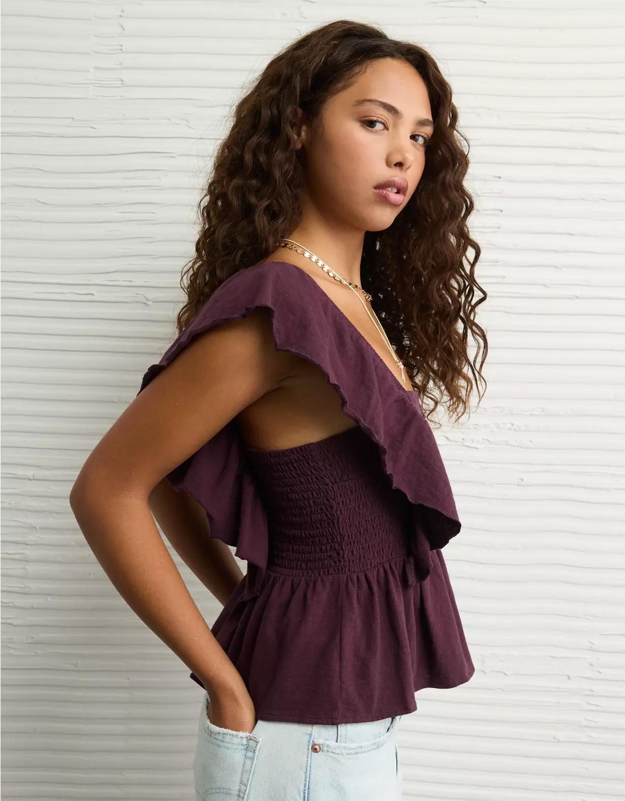 AE Sunchaser Knit Flutter Sleeve Babydoll Shirt Product Image
