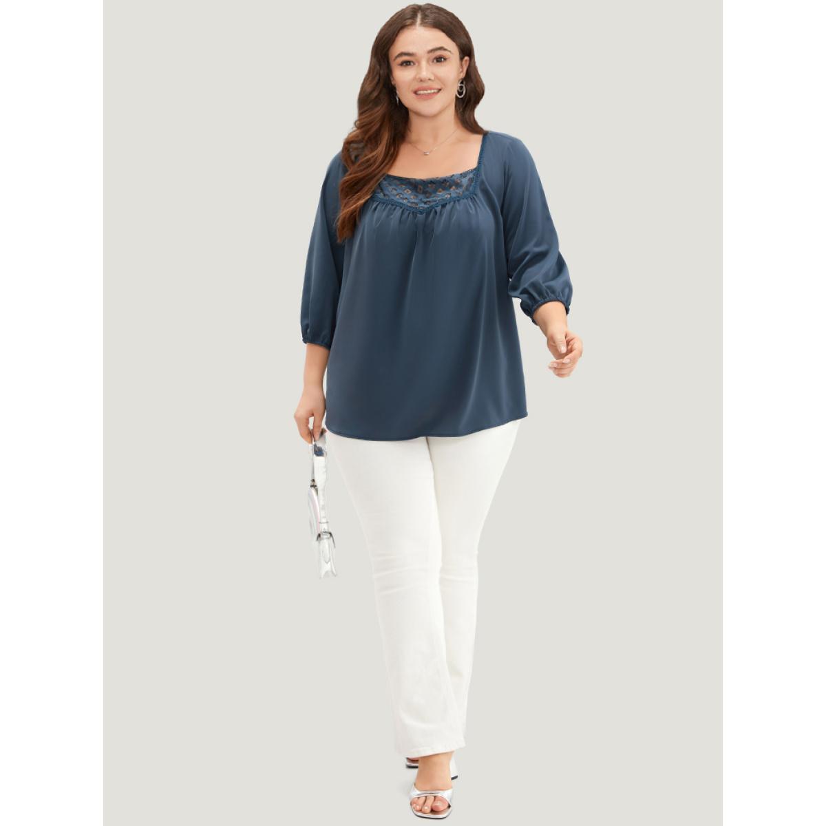 Plus Size Indigo Anti-Wrinkle Square Neck Lace Panel Gathered Blouse Women Office Elbow-length sleeve Square Neck Work Blouses BloomChic 10/M Product Image